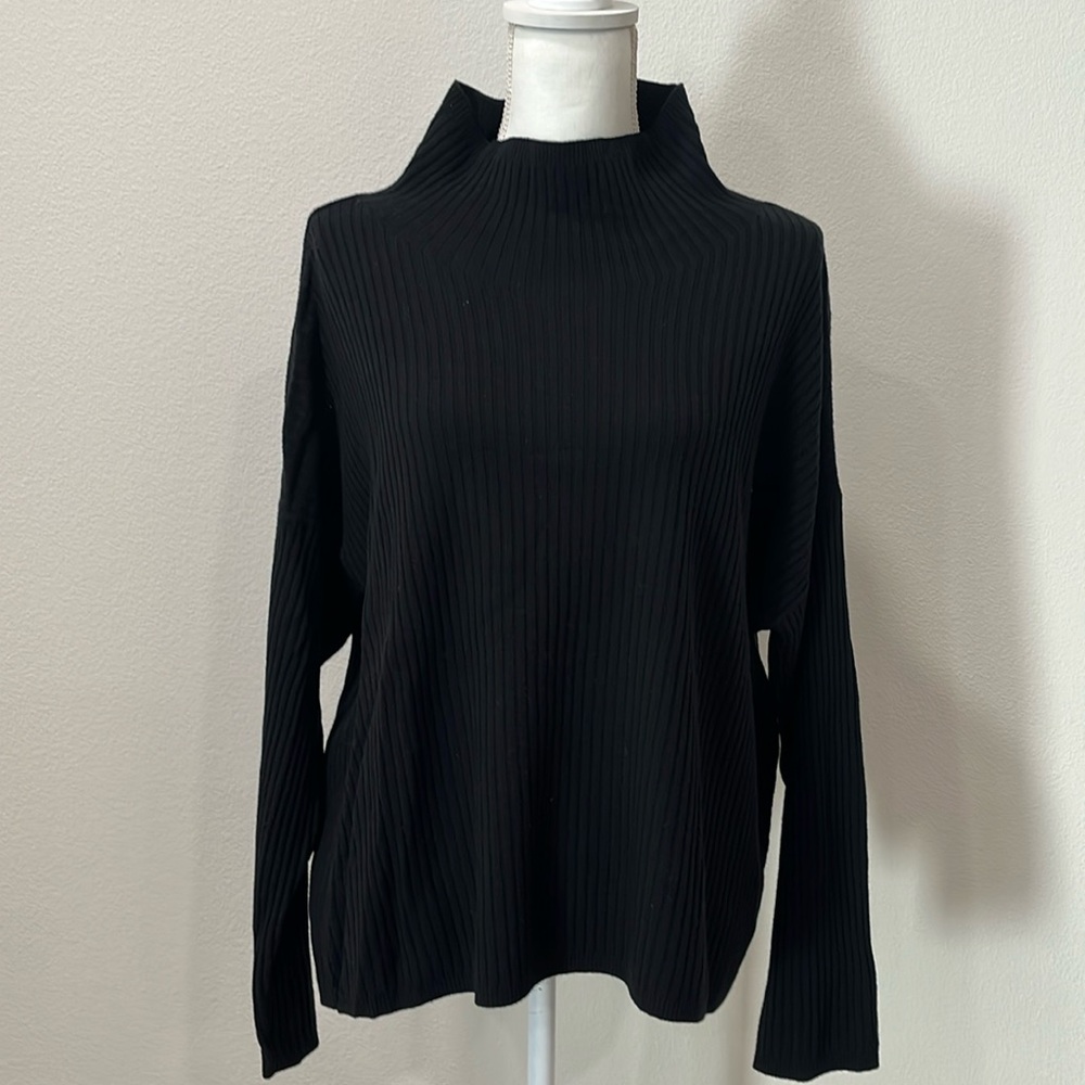 Eileen Fisher Black Ribbed Long Sleeve Luxe Merino Wool Stretch Top NWT
